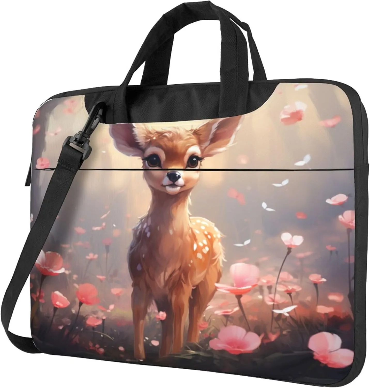 Poppy Deer Laptop Shoulder Bag for Women, Forest Animal Flowers Laptop Sleeve Case Durable Computer Bag