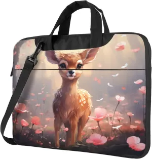 Poppy Deer Laptop Shoulder Bag for Women, Forest Animal Flowers Laptop Sleeve Case Durable Computer Bag