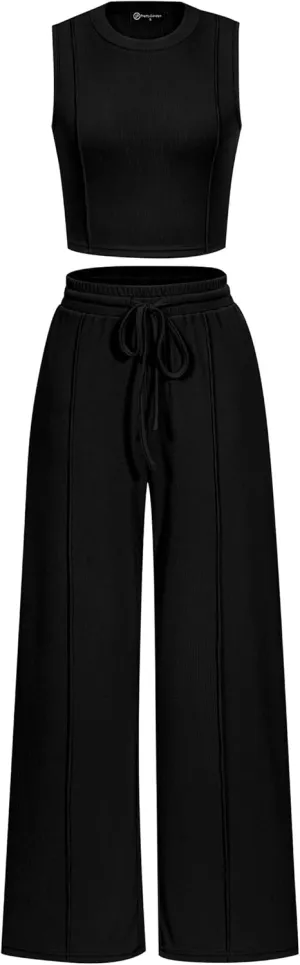 PRETTYGARDEN Women's Summer 2 Piece Loungewear Set Cropped Tank Top Wide Leg Sweatpants Tracksuit Casual Outfits