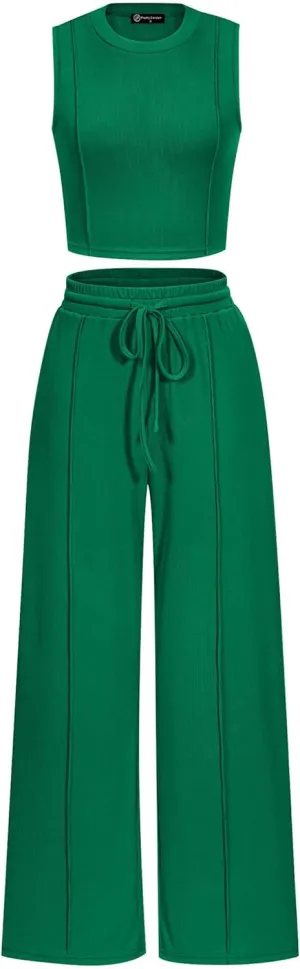 PRETTYGARDEN Women's Summer 2 Piece Loungewear Set Cropped Tank Top Wide Leg Sweatpants Tracksuit Casual Outfits