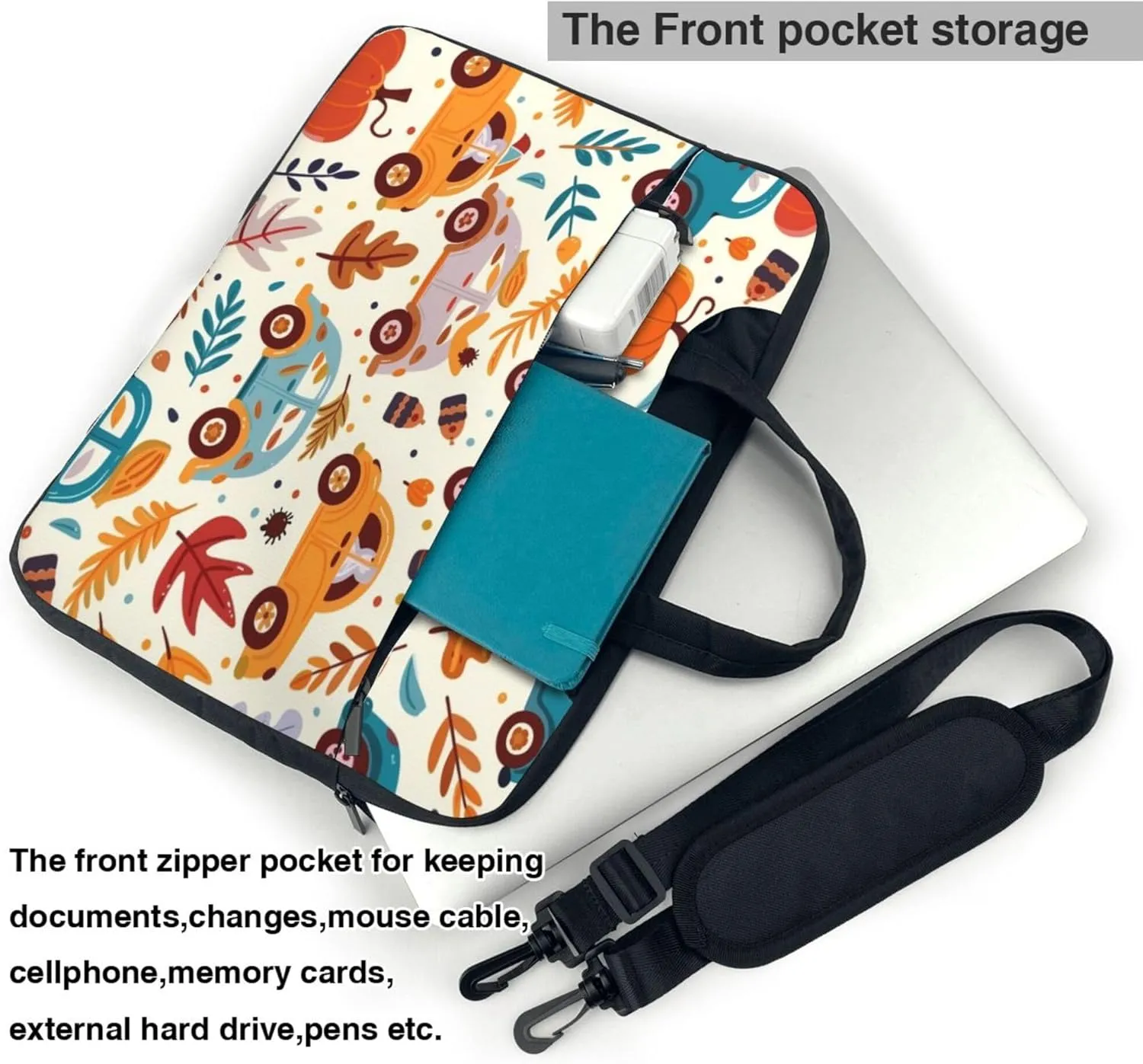 Pumpkin Car Laptop Shoulder Bag for Women, Autumn Leaves Laptop Sleeve Case Durable Computer Bag