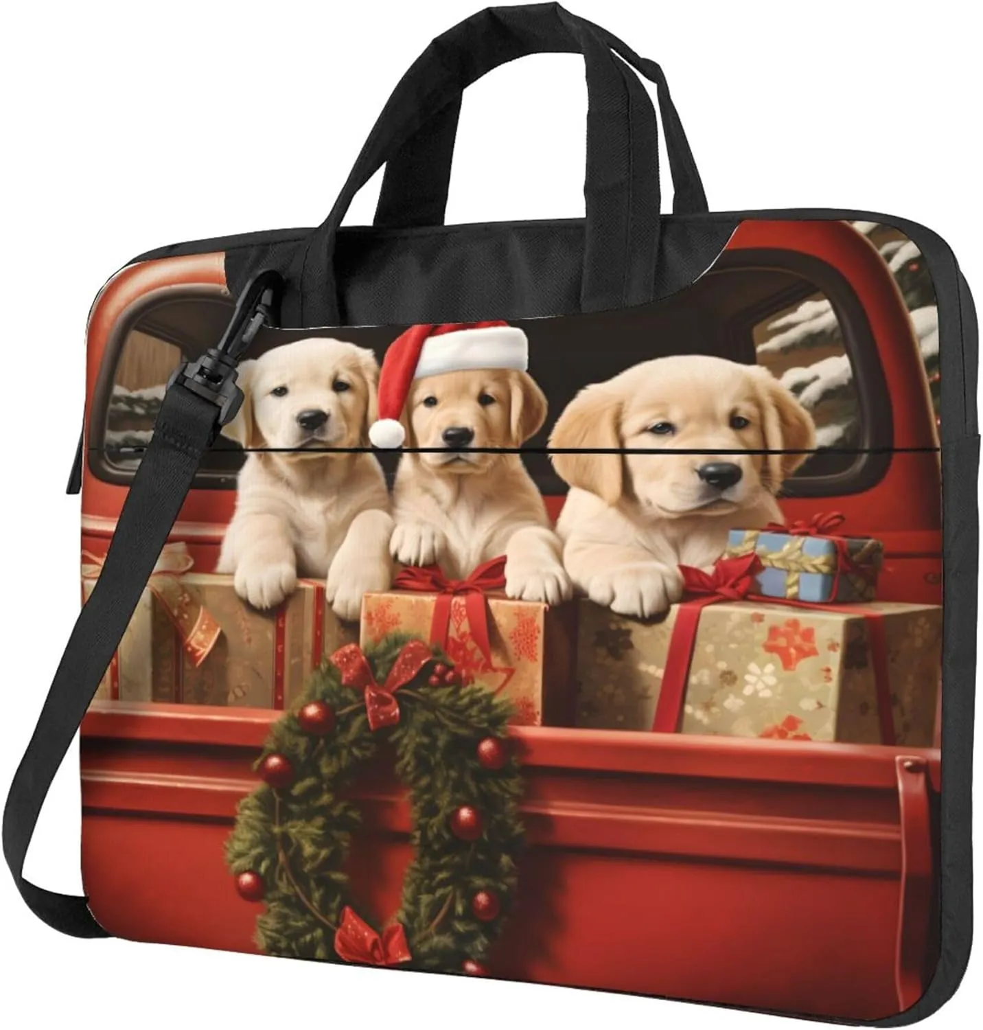 Puppy in Truck Christmas Dog Laptop Shoulder Bag for Women, Laptop Sleeve Case Durable Computer Bag