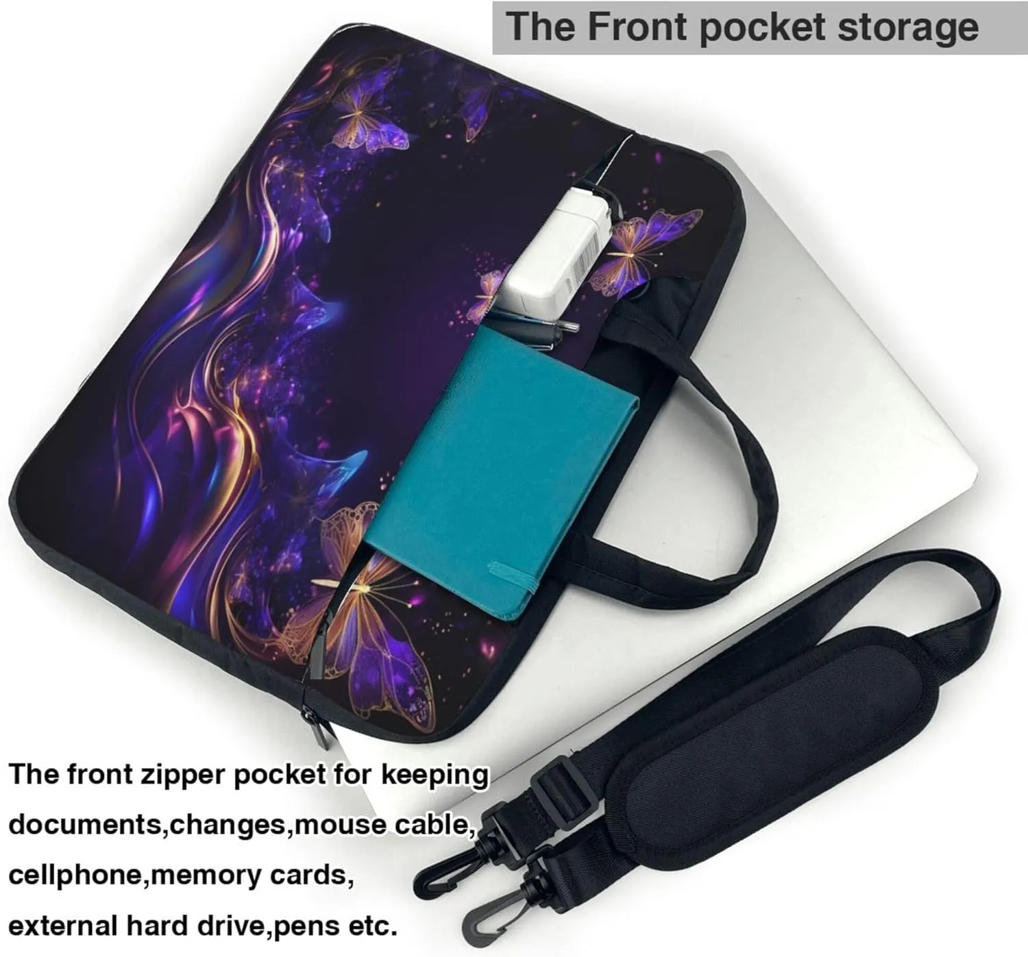Purple Butterfly Laptop Shoulder Bag for Women, Abstract Animal Laptop Sleeve Case Durable Computer Bag