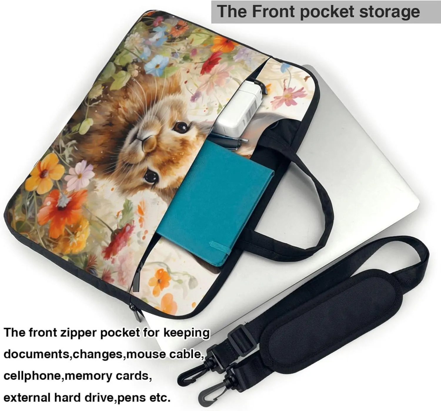 Rabbit Flower Laptop Shoulder Bag for Women, Spring Animal Laptop Sleeve Case Durable Computer Bag