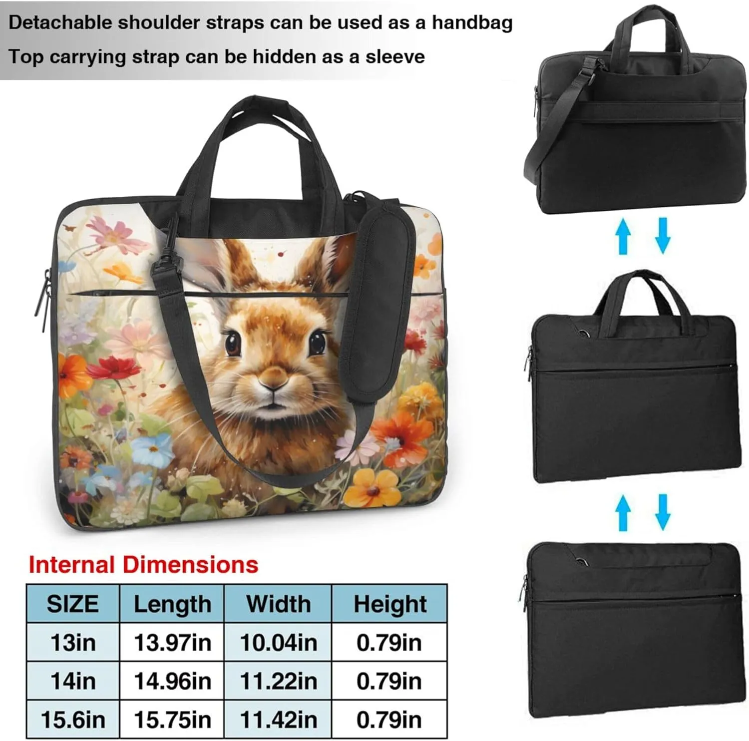 Rabbit Flower Laptop Shoulder Bag for Women, Spring Animal Laptop Sleeve Case Durable Computer Bag