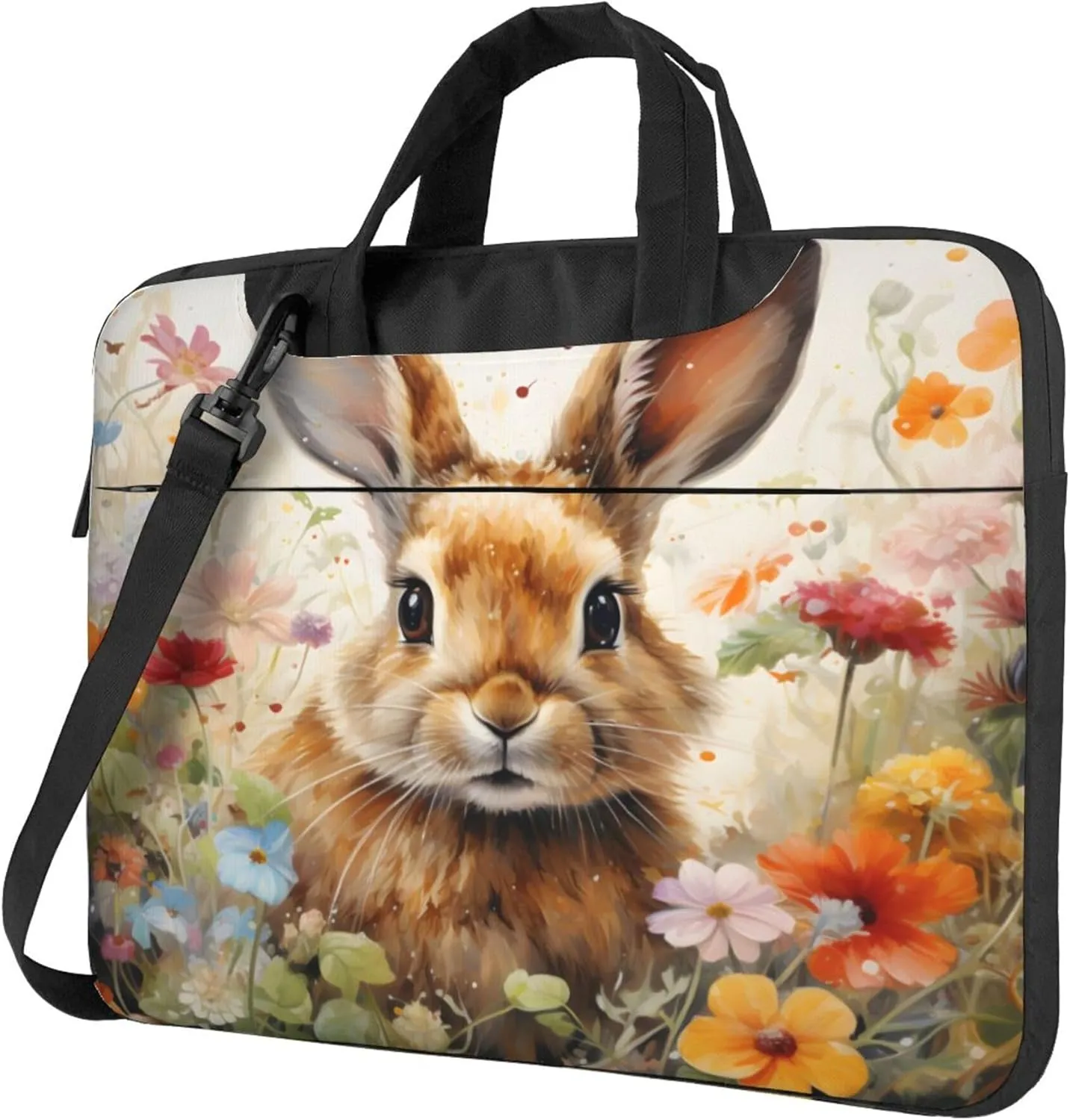 Rabbit Flower Laptop Shoulder Bag for Women, Spring Animal Laptop Sleeve Case Durable Computer Bag