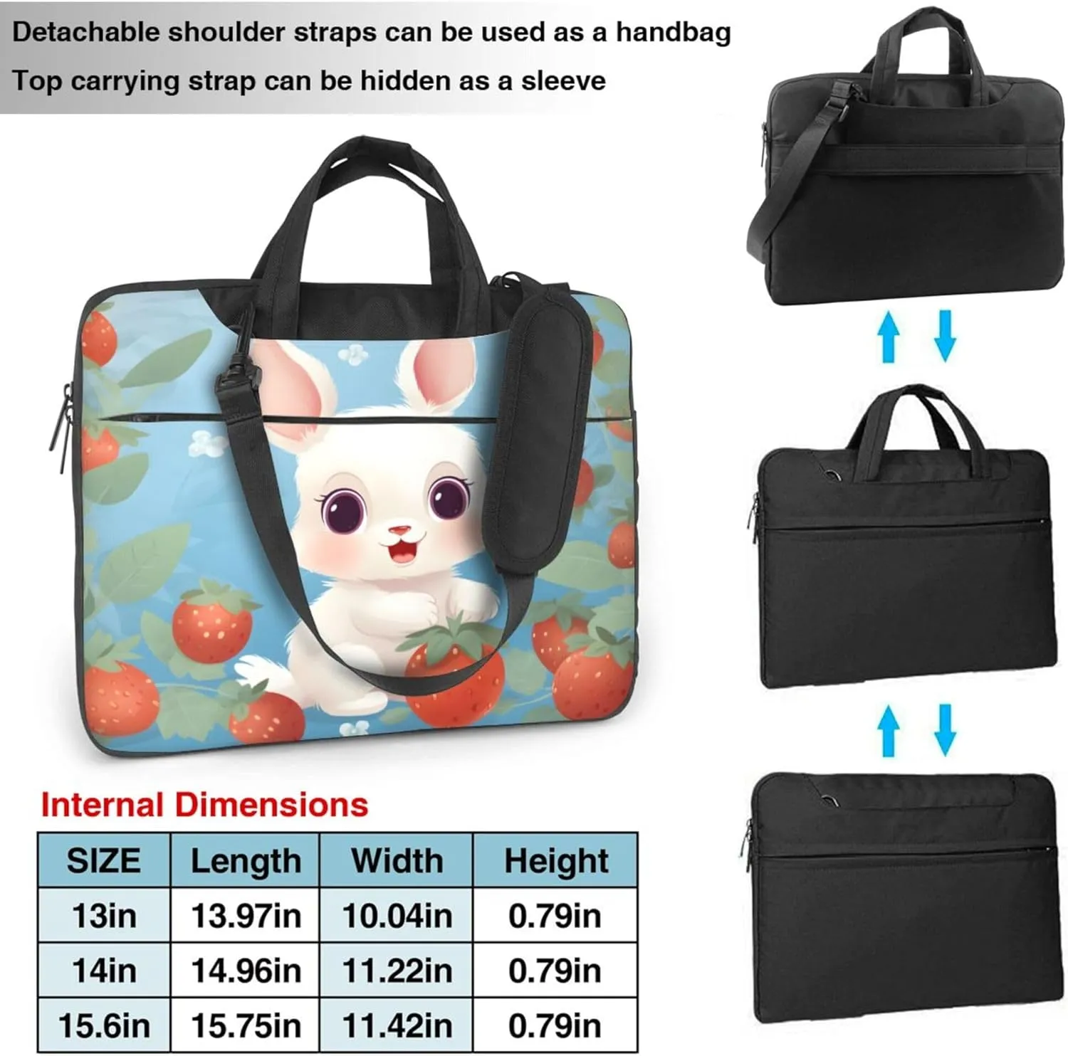 Rabbit Strawberry Laptop Shoulder Bag for Women, Cartoon Bunny Laptop Sleeve Case Durable Computer Bag