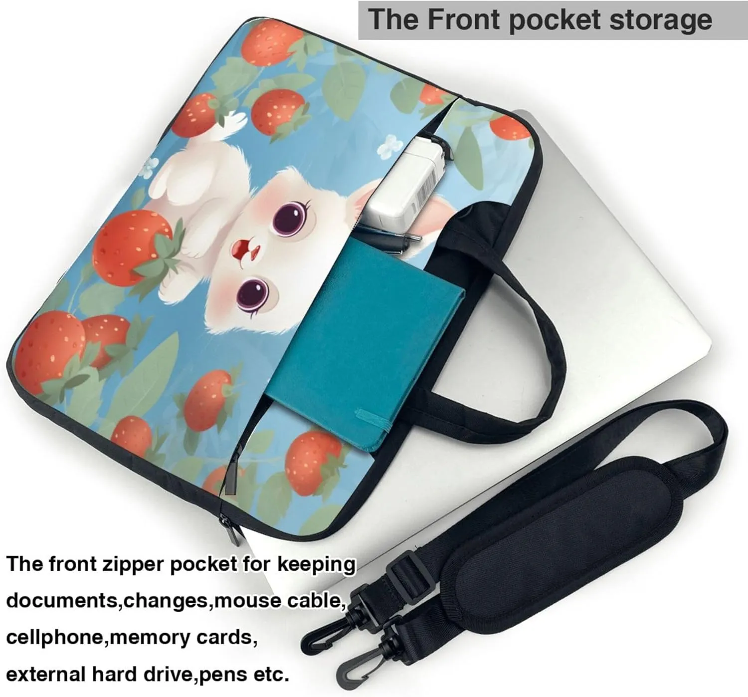 Rabbit Strawberry Laptop Shoulder Bag for Women, Cartoon Bunny Laptop Sleeve Case Durable Computer Bag