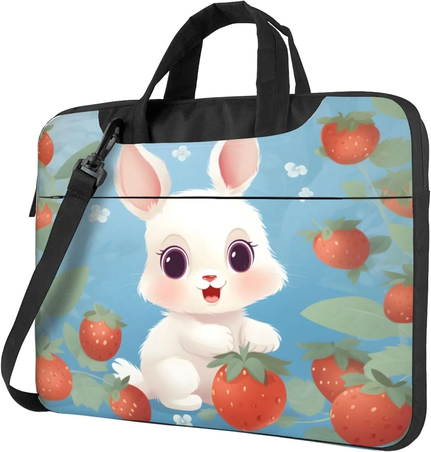 Rabbit Strawberry Laptop Shoulder Bag for Women, Cartoon Bunny Laptop Sleeve Case Durable Computer Bag