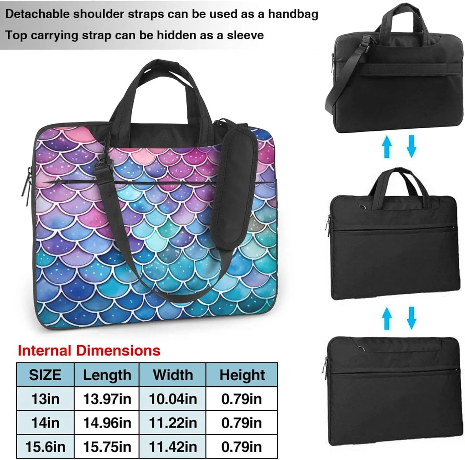 Rainbow Mermaid Scales Print Laptop Shoulder Bag for Women, Laptop Sleeve Case Durable Computer Bag