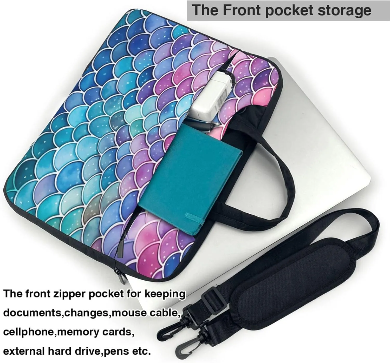 Rainbow Mermaid Scales Print Laptop Shoulder Bag for Women, Laptop Sleeve Case Durable Computer Bag