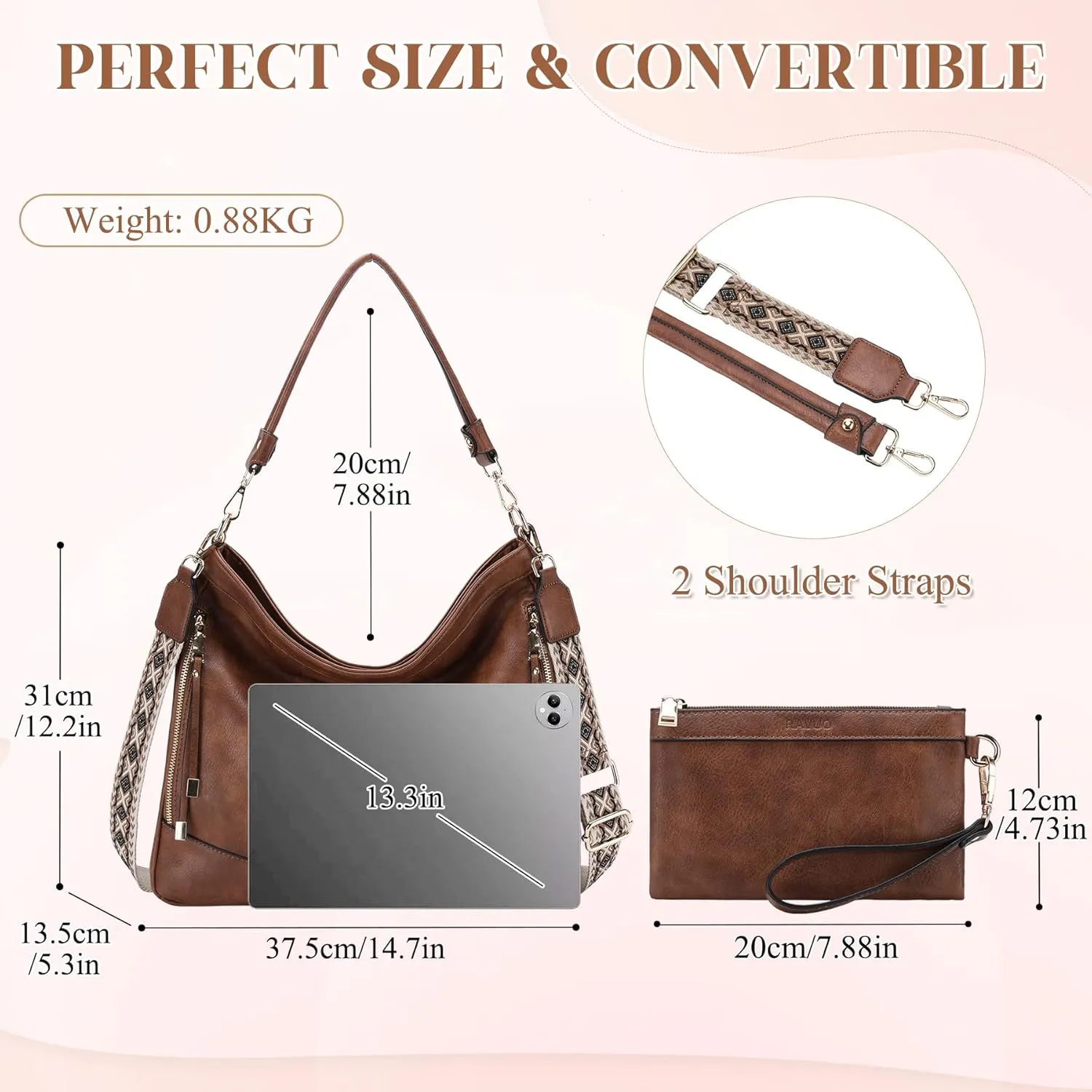 RAVUO Hobo Bag Fashion Women Handbags and Wallet Set Ladies Chic Crossbody Shoulder Purse W Gutair Strap