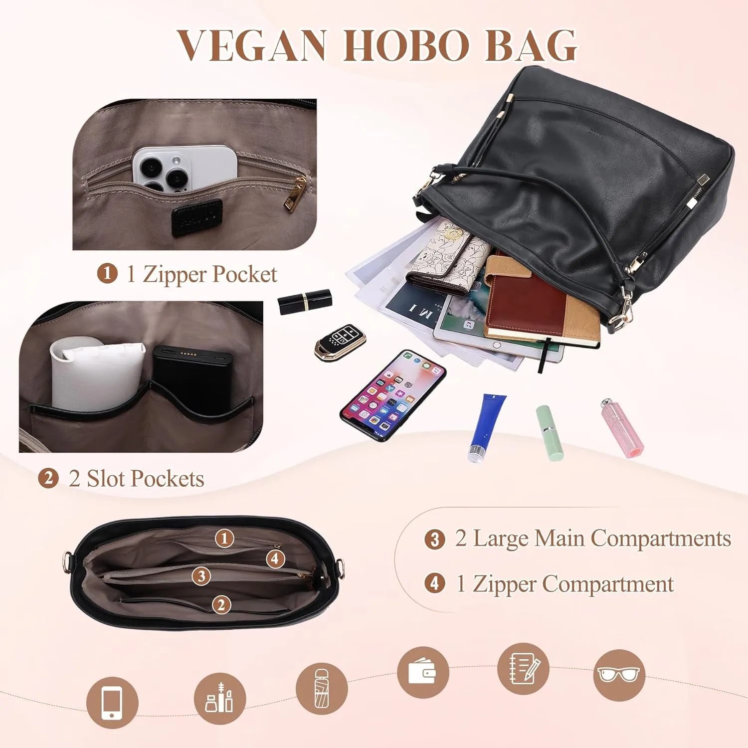 RAVUO Hobo Bag Fashion Women Handbags and Wallet Set Ladies Chic Crossbody Shoulder Purse W Gutair Strap