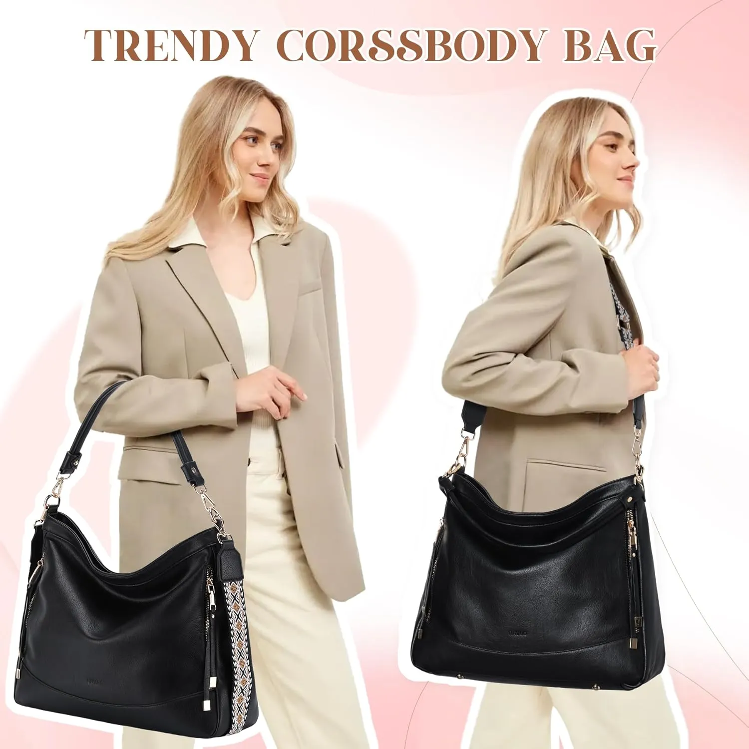 RAVUO Hobo Bag Fashion Women Handbags and Wallet Set Ladies Chic Crossbody Shoulder Purse W Gutair Strap