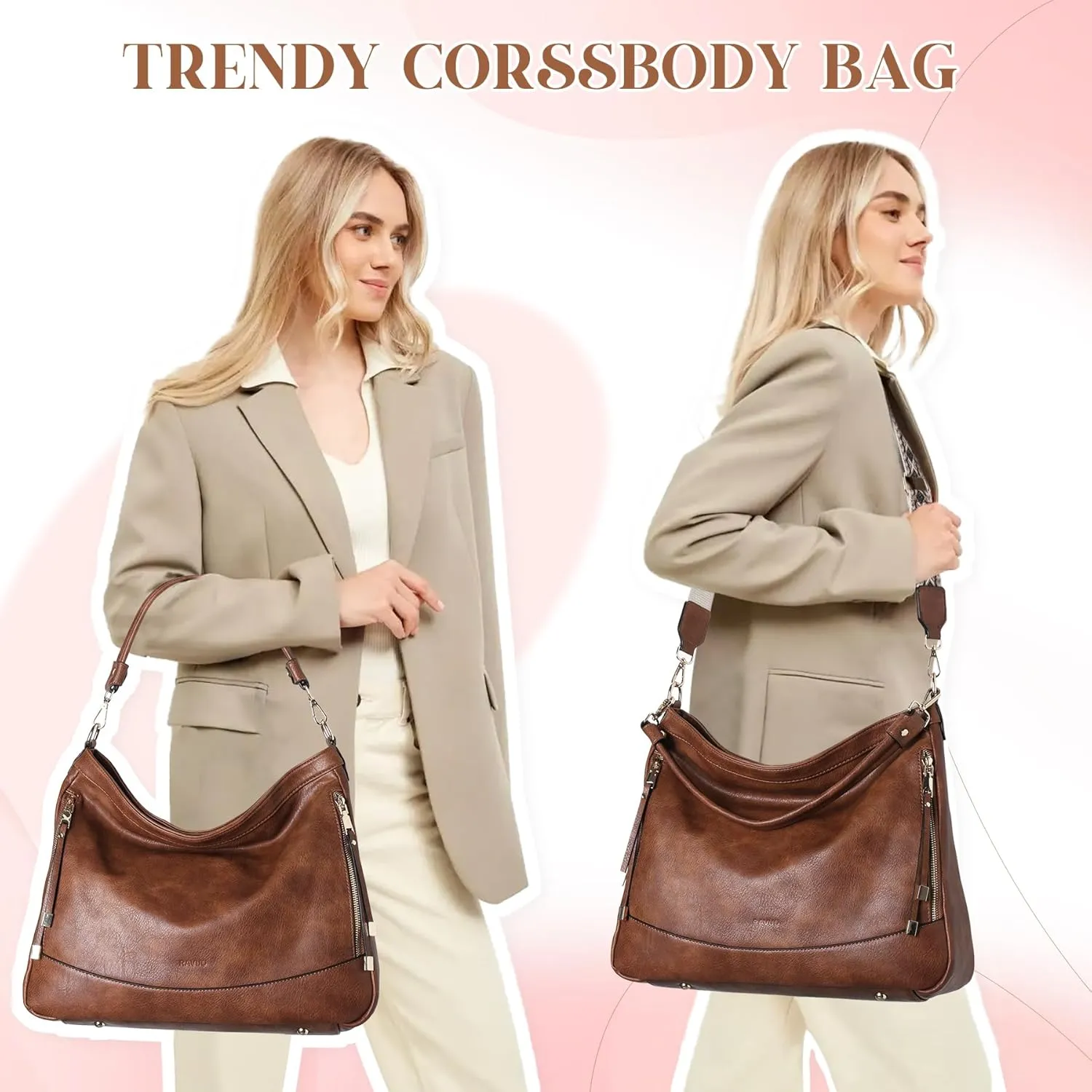 RAVUO Hobo Bag Fashion Women Handbags and Wallet Set Ladies Chic Crossbody Shoulder Purse W Gutair Strap