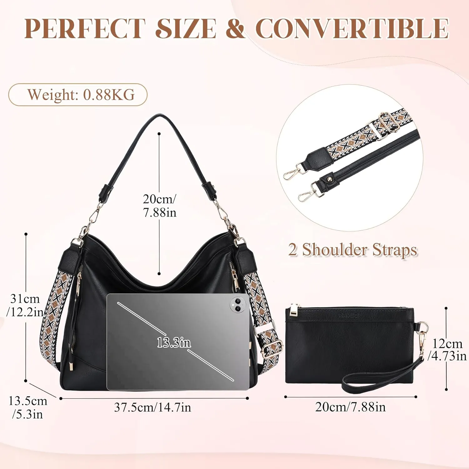 RAVUO Hobo Bag Fashion Women Handbags and Wallet Set Ladies Chic Crossbody Shoulder Purse W Gutair Strap
