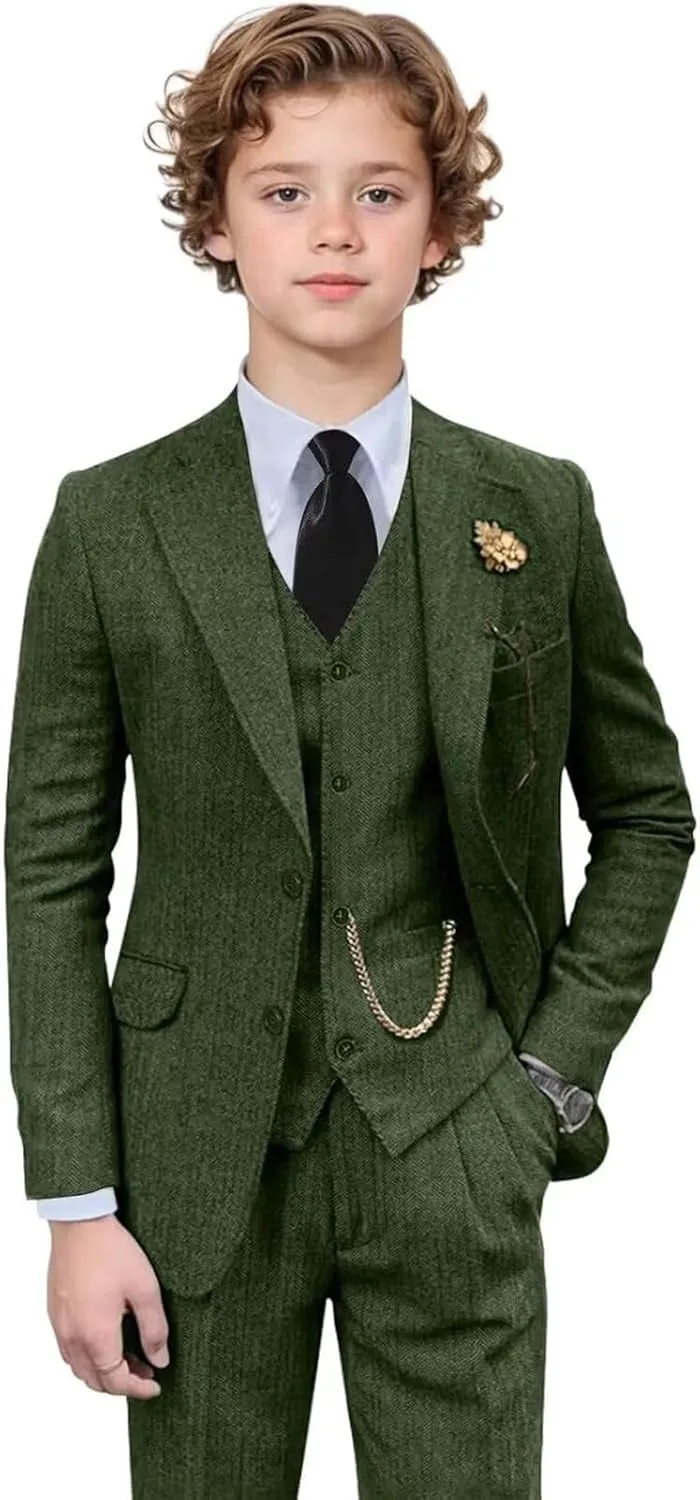 Retro 3 Pieces Slim Fit Boy Suit Tweed Herringbone Formal Stylish Vest Tuxedo Pants Wedding Homecoming Dress Wear Set