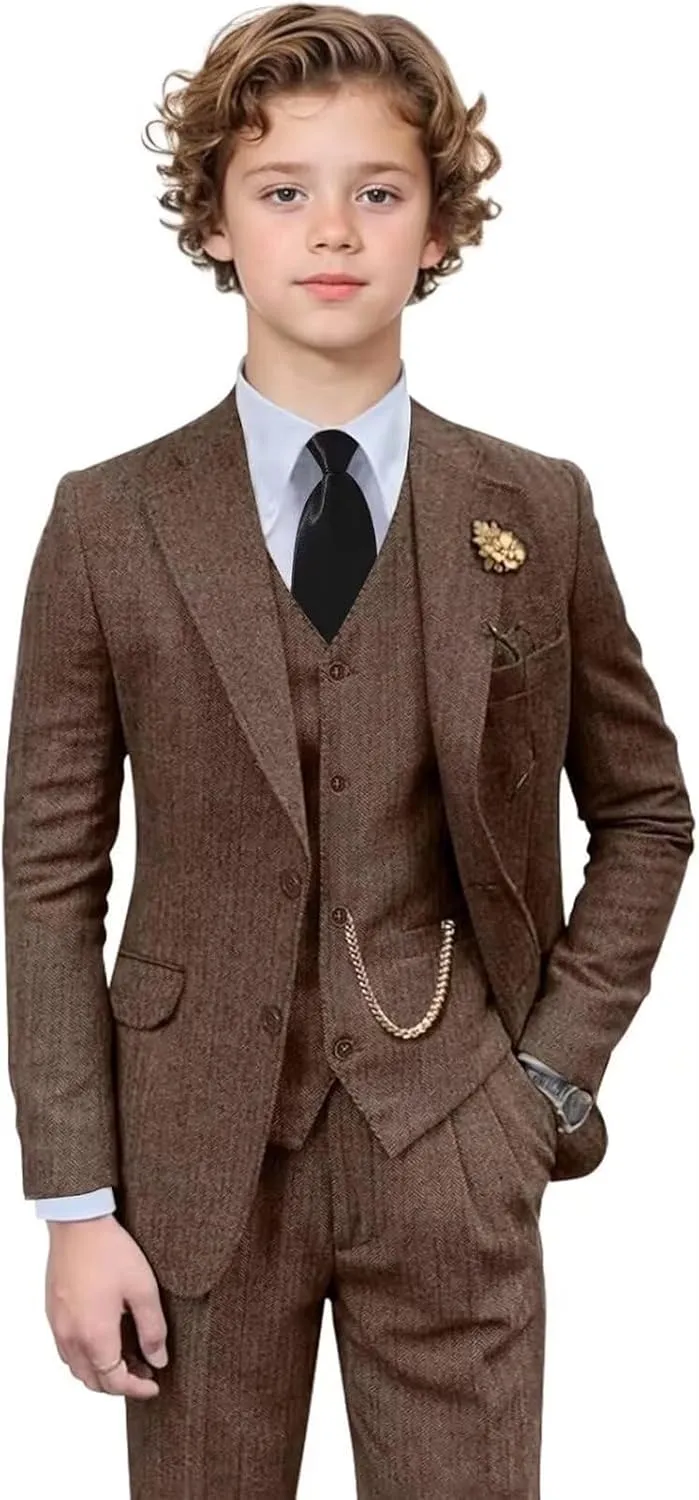 Retro 3 Pieces Slim Fit Boy Suit Tweed Herringbone Formal Stylish Vest Tuxedo Pants Wedding Homecoming Dress Wear Set