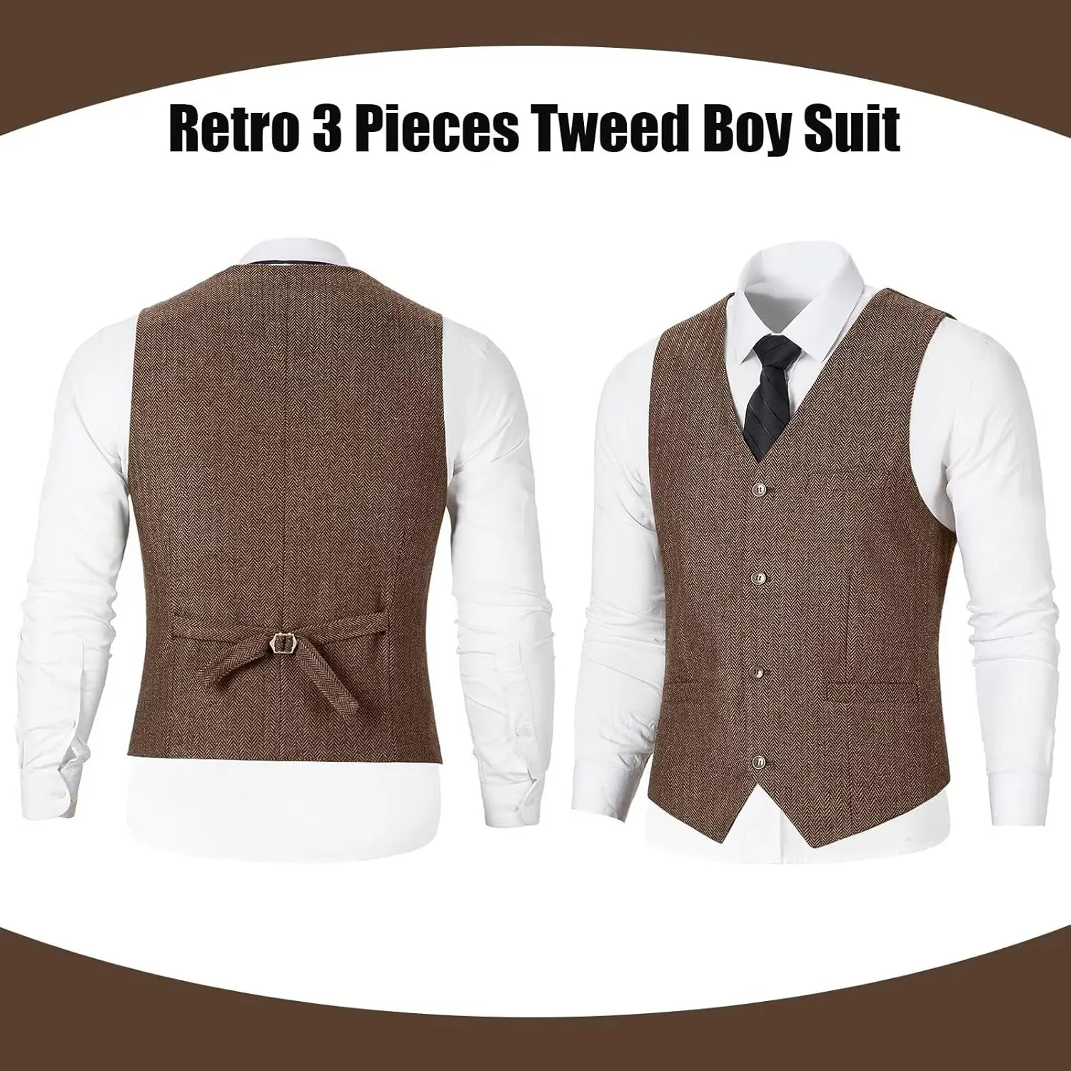 Retro 3 Pieces Slim Fit Boy Suit Tweed Herringbone Formal Stylish Vest Tuxedo Pants Wedding Homecoming Dress Wear Set