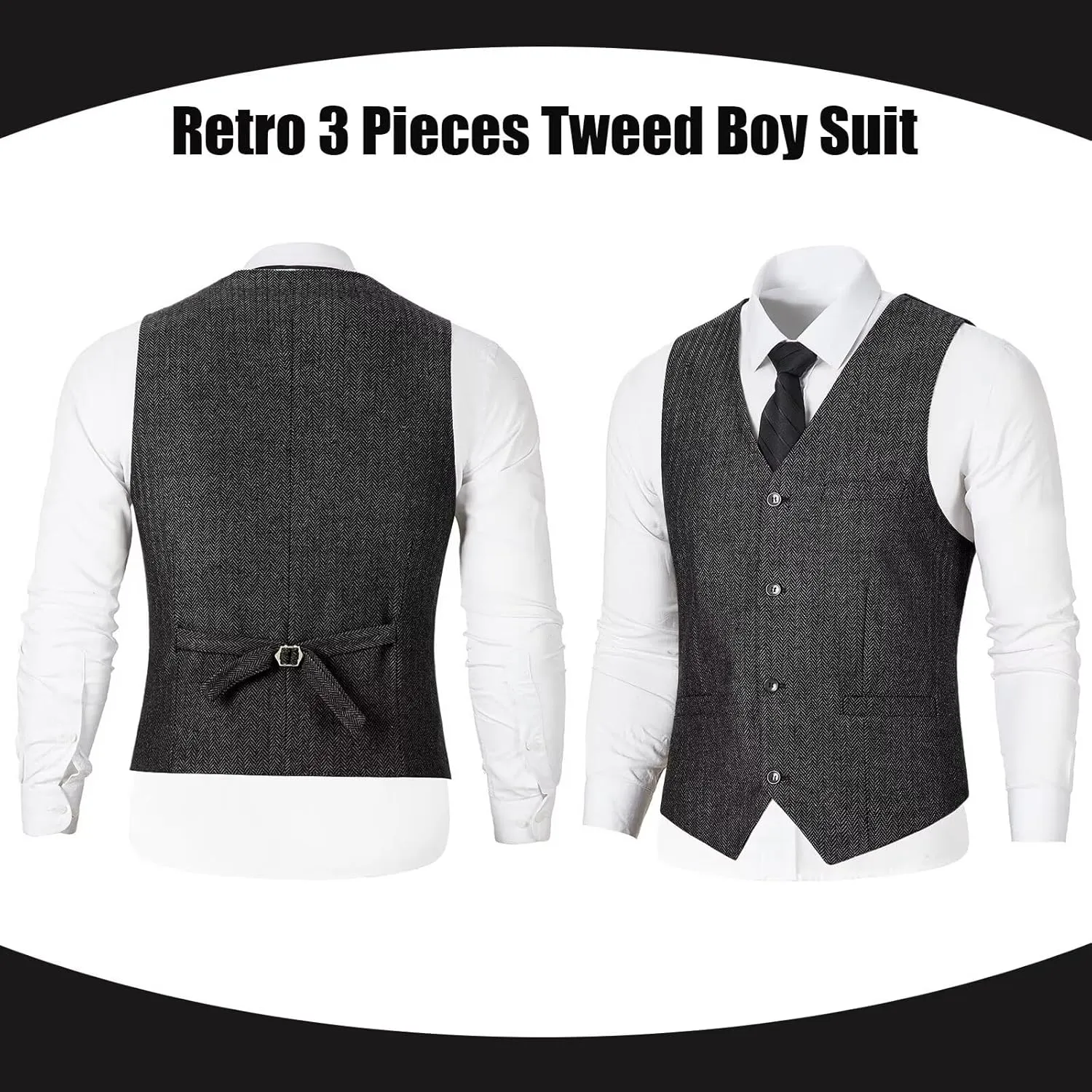 Retro 3 Pieces Slim Fit Boy Suit Tweed Herringbone Formal Stylish Vest Tuxedo Pants Wedding Homecoming Dress Wear Set