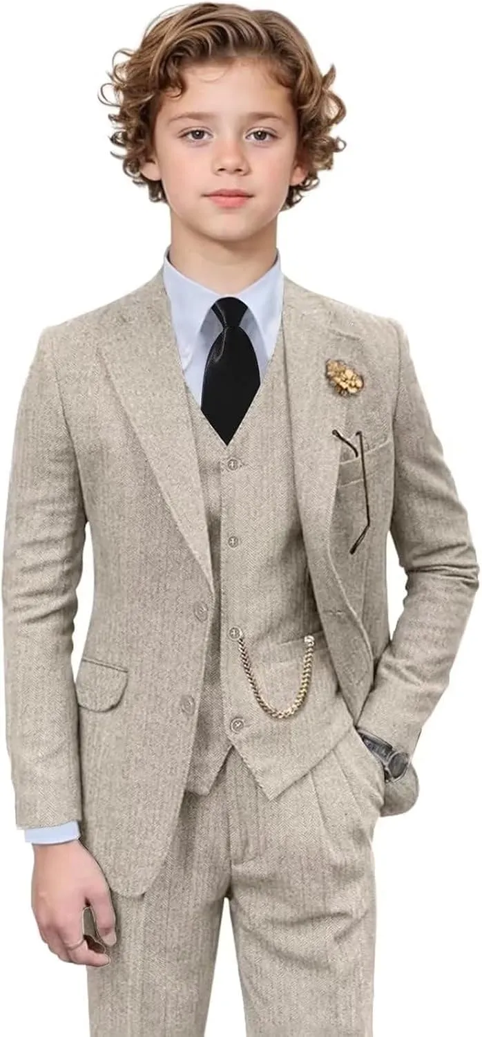 Retro 3 Pieces Slim Fit Boy Suit Tweed Herringbone Formal Stylish Vest Tuxedo Pants Wedding Homecoming Dress Wear Set