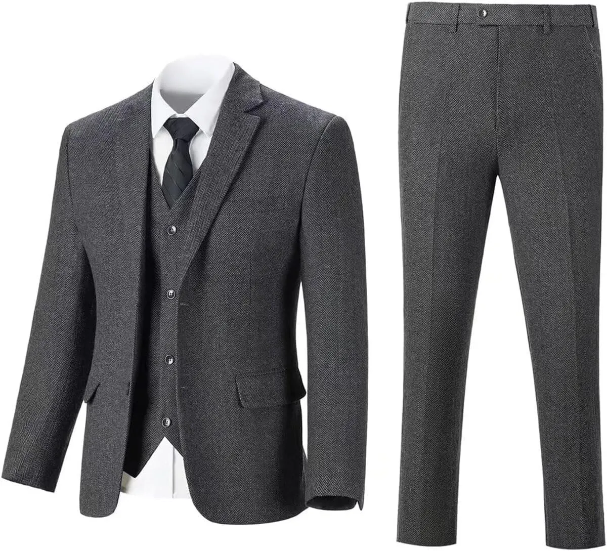 Retro 3 Pieces Slim Fit Boy Suit Tweed Herringbone Formal Stylish Vest Tuxedo Pants Wedding Homecoming Dress Wear Set