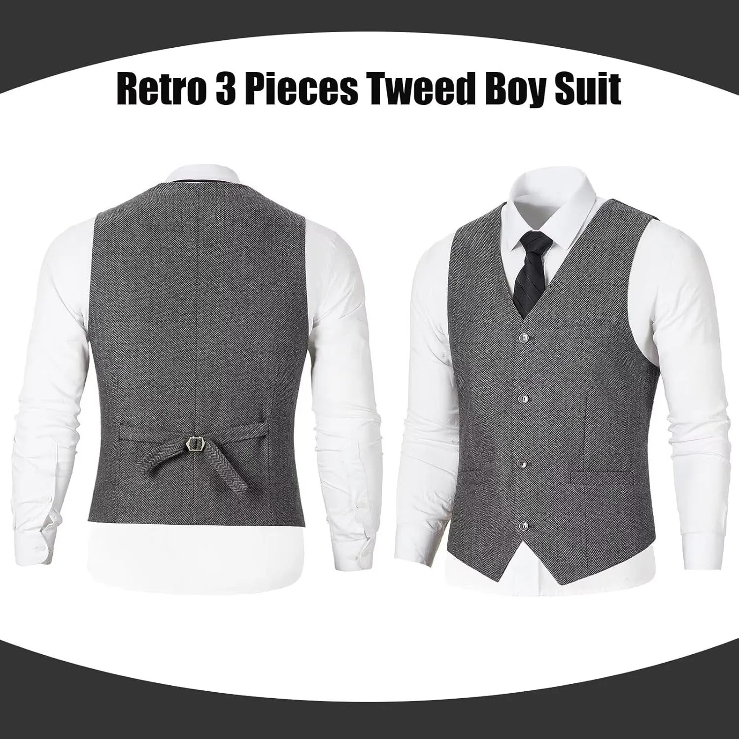 Retro 3 Pieces Slim Fit Boy Suit Tweed Herringbone Formal Stylish Vest Tuxedo Pants Wedding Homecoming Dress Wear Set