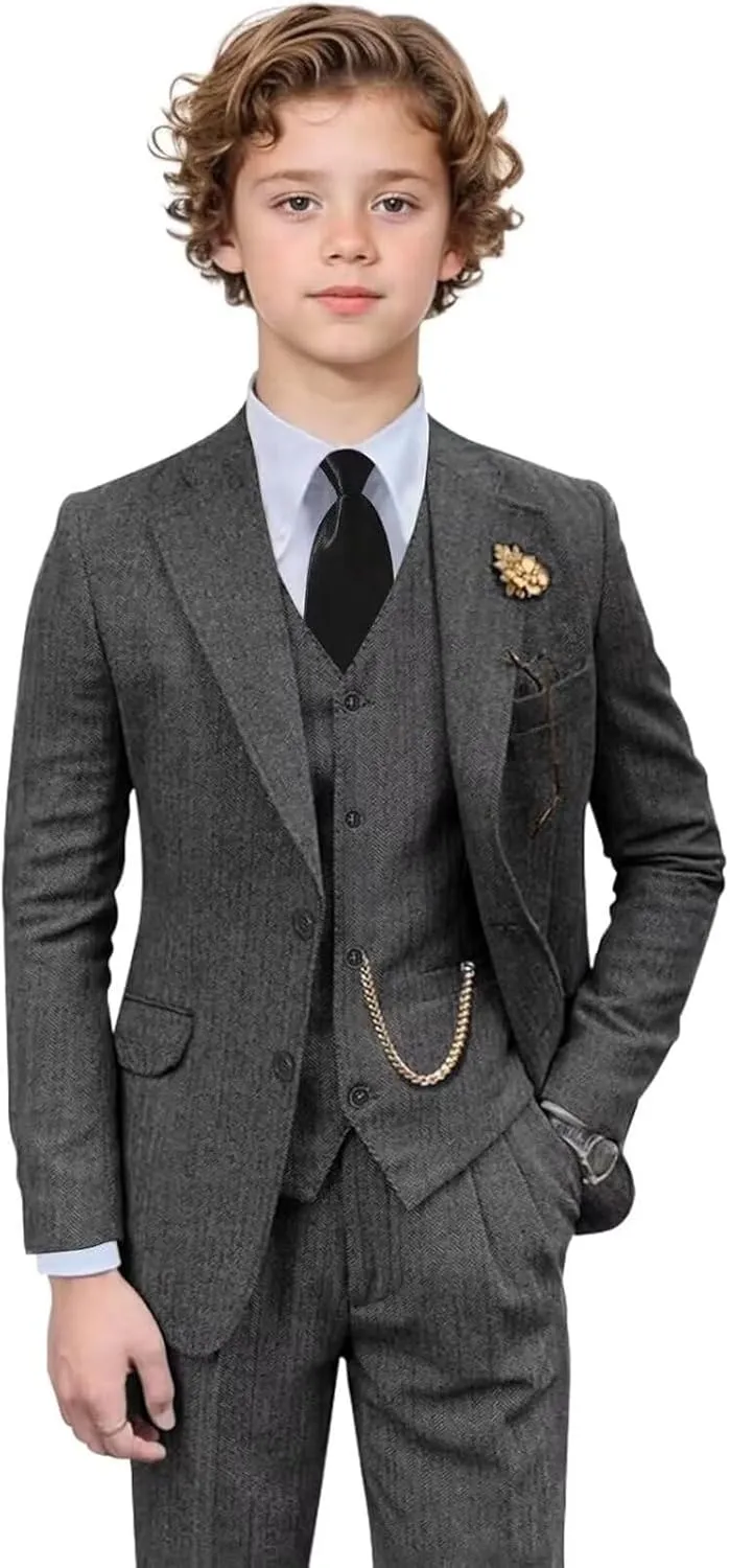 Retro 3 Pieces Slim Fit Boy Suit Tweed Herringbone Formal Stylish Vest Tuxedo Pants Wedding Homecoming Dress Wear Set