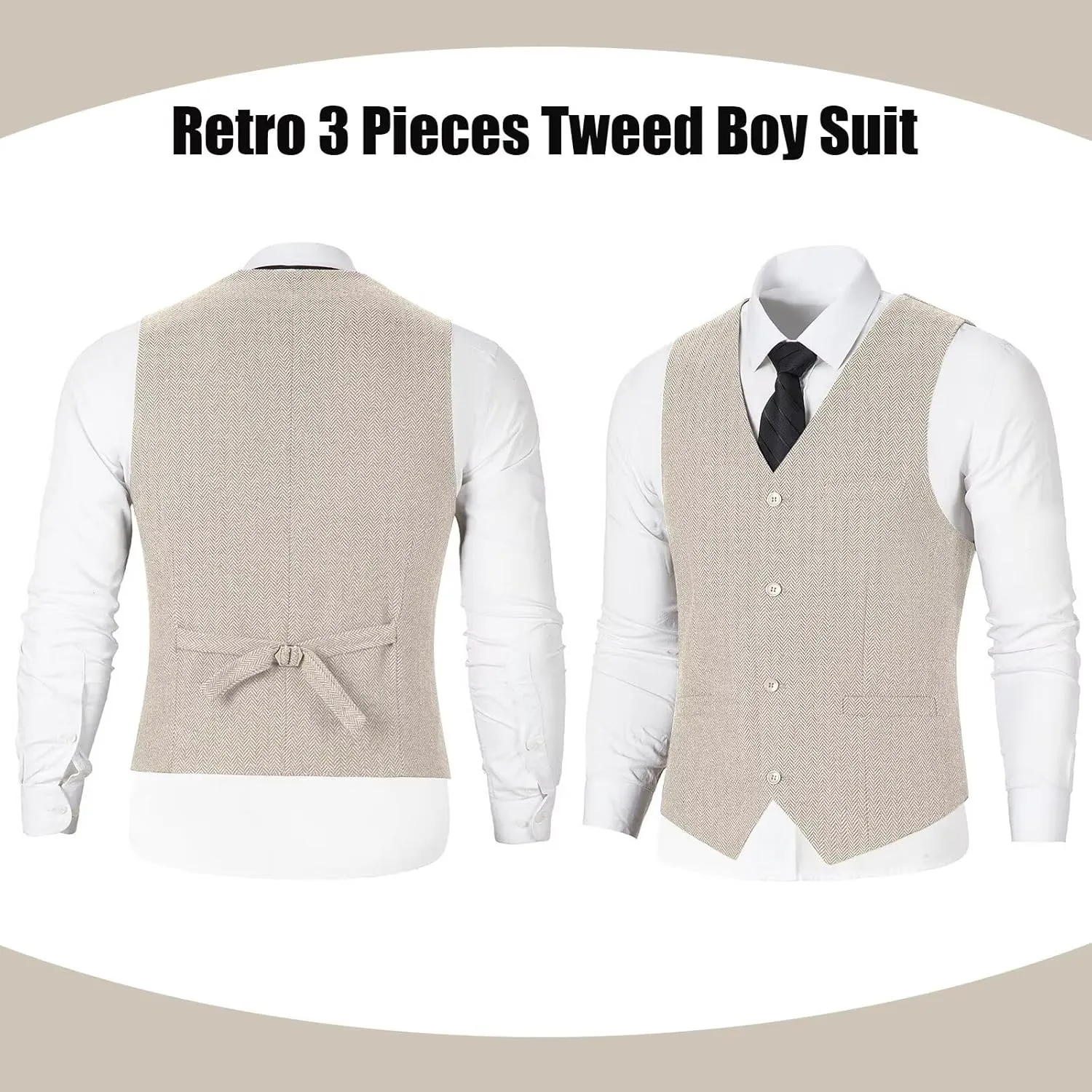 Retro 3 Pieces Slim Fit Boy Suit Tweed Herringbone Formal Stylish Vest Tuxedo Pants Wedding Homecoming Dress Wear Set