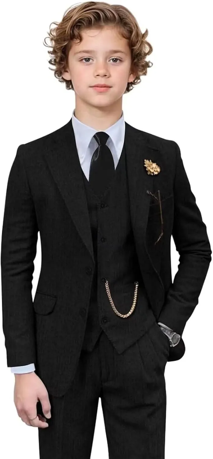 Retro 3 Pieces Slim Fit Boy Suit Tweed Herringbone Formal Stylish Vest Tuxedo Pants Wedding Homecoming Dress Wear Set