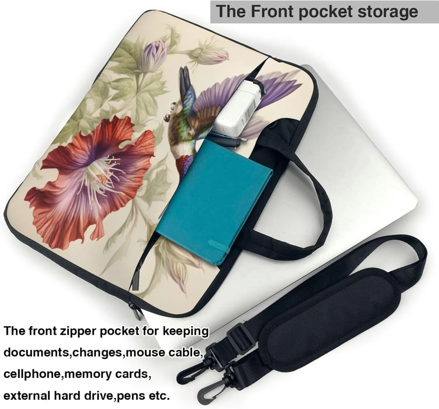 Retro Flower Hummingbird Floral Laptop Shoulder Bag for Women, Laptop Sleeve Case Durable Computer Bag