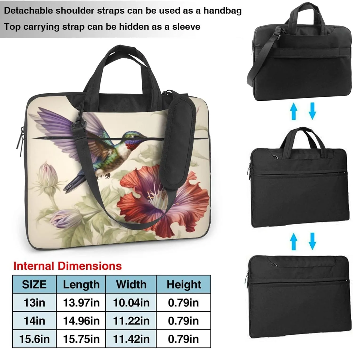 Retro Flower Hummingbird Floral Laptop Shoulder Bag for Women, Laptop Sleeve Case Durable Computer Bag