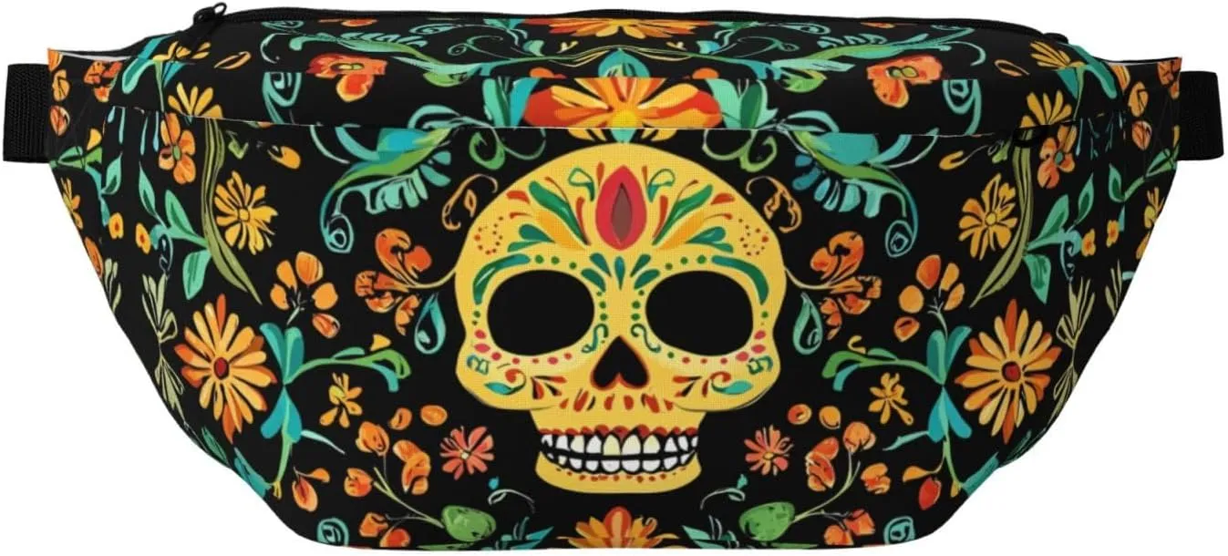Retro Hippie Skull Belt Bag for Women Men,Mexico Ethnic Fanny Pack Waist Packs Chest Bag for Workout Running Travel Hiking Cycling Walking,Adjustable Strap (Black)