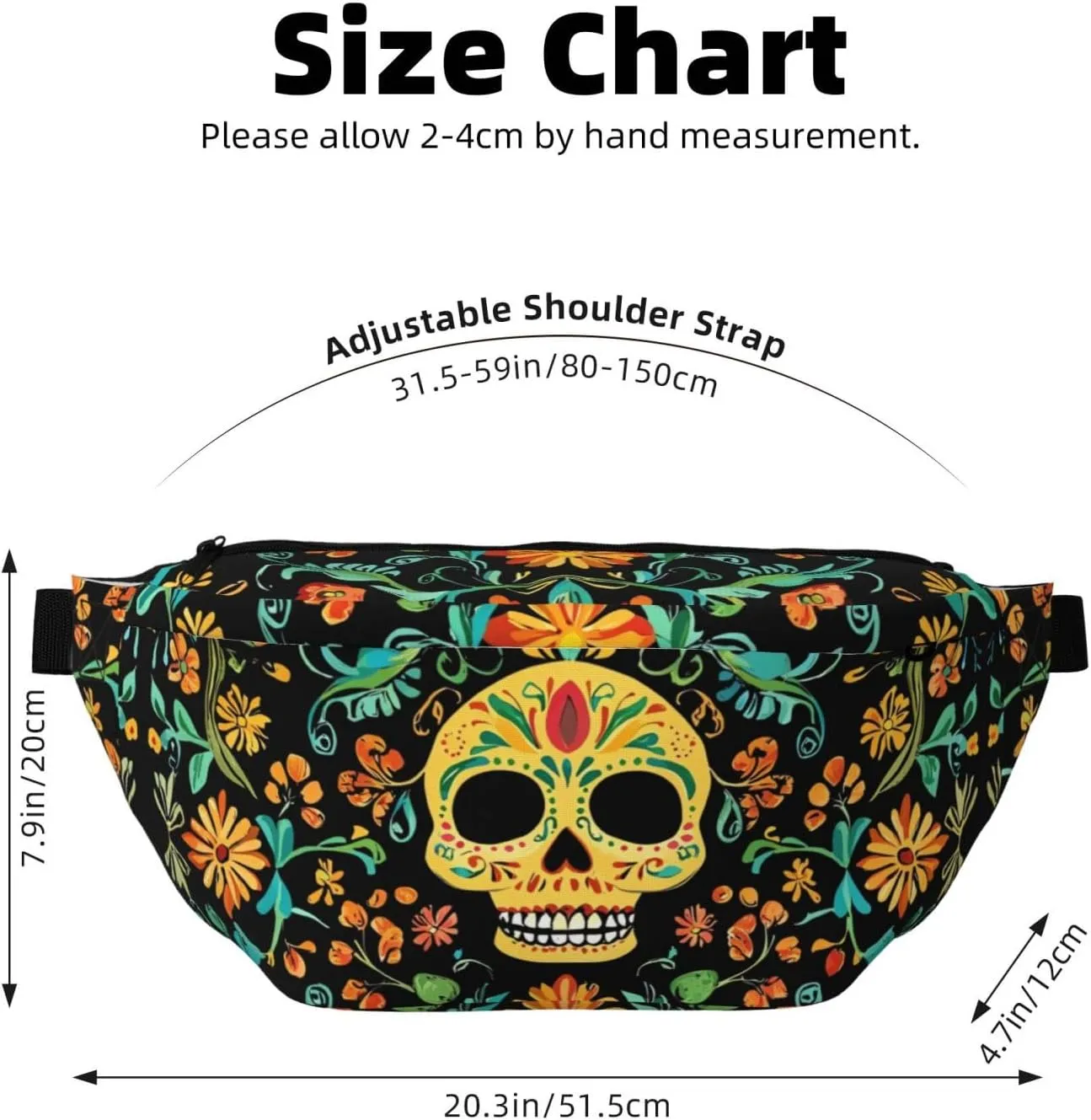 Retro Hippie Skull Belt Bag for Women Men,Mexico Ethnic Fanny Pack Waist Packs Chest Bag for Workout Running Travel Hiking Cycling Walking,Adjustable Strap (Black)