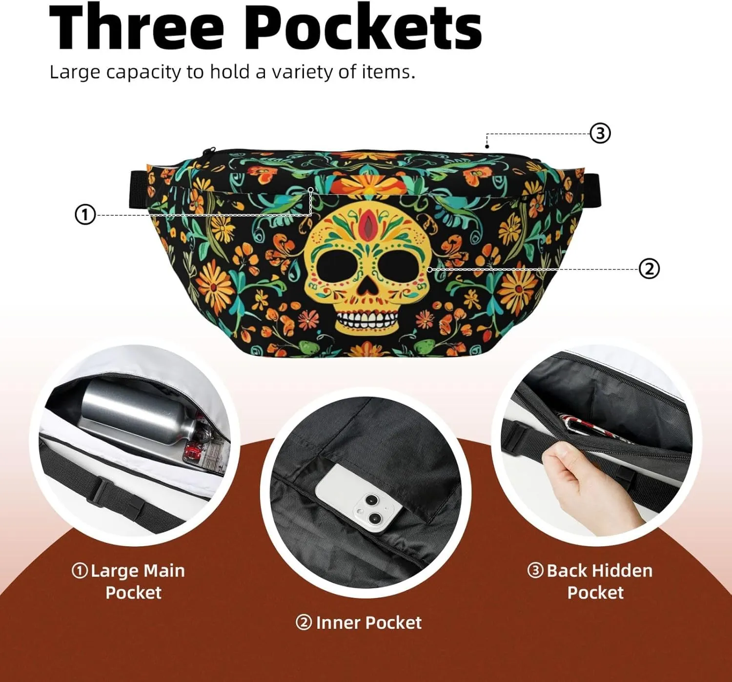 Retro Hippie Skull Belt Bag for Women Men,Mexico Ethnic Fanny Pack Waist Packs Chest Bag for Workout Running Travel Hiking Cycling Walking,Adjustable Strap (Black)