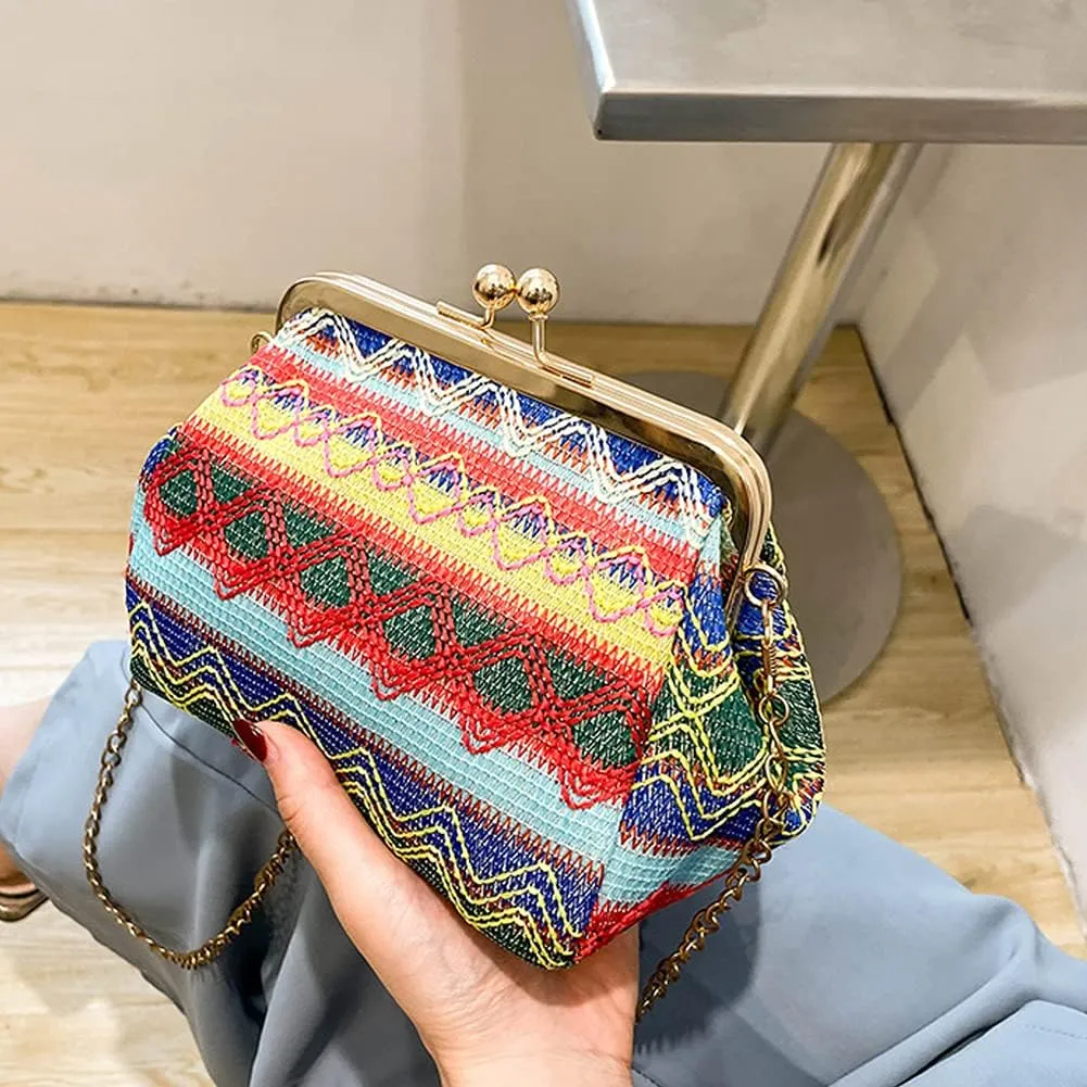 Retro Hollow Handbag for Women Straw Shoulder Bag Evening Clutch Bag Kiss Lock Closure Crossbody Bag Purse