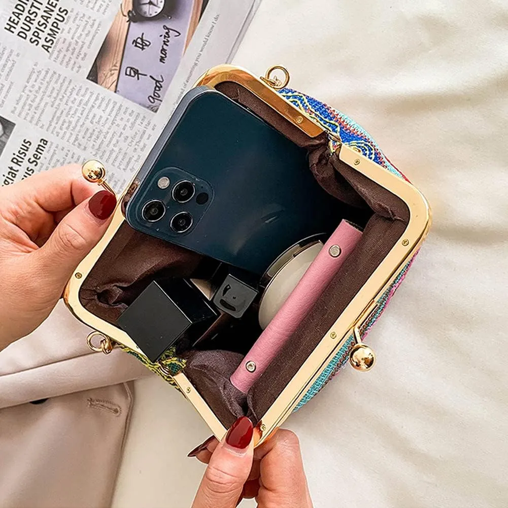 Retro Hollow Handbag for Women Straw Shoulder Bag Evening Clutch Bag Kiss Lock Closure Crossbody Bag Purse