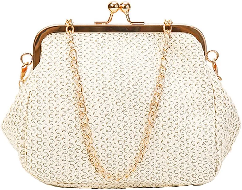 Retro Hollow Handbag for Women Straw Shoulder Bag Evening Clutch Bag Kiss Lock Closure Crossbody Bag Purse