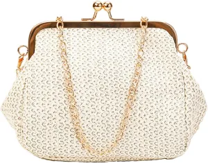 Retro Hollow Handbag for Women Straw Shoulder Bag Evening Clutch Bag Kiss Lock Closure Crossbody Bag Purse