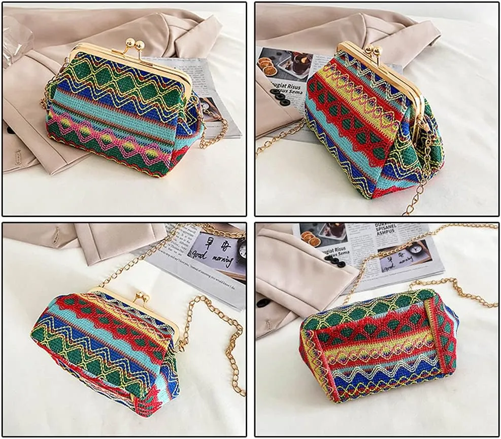 Retro Hollow Handbag for Women Straw Shoulder Bag Evening Clutch Bag Kiss Lock Closure Crossbody Bag Purse