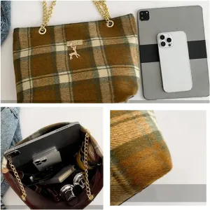 Retro Plaid Tote Bag, Large Tweed Women's Shoulder Bag with Vintage Chain Hobo Handbags Checkered Tote Purse (Green)