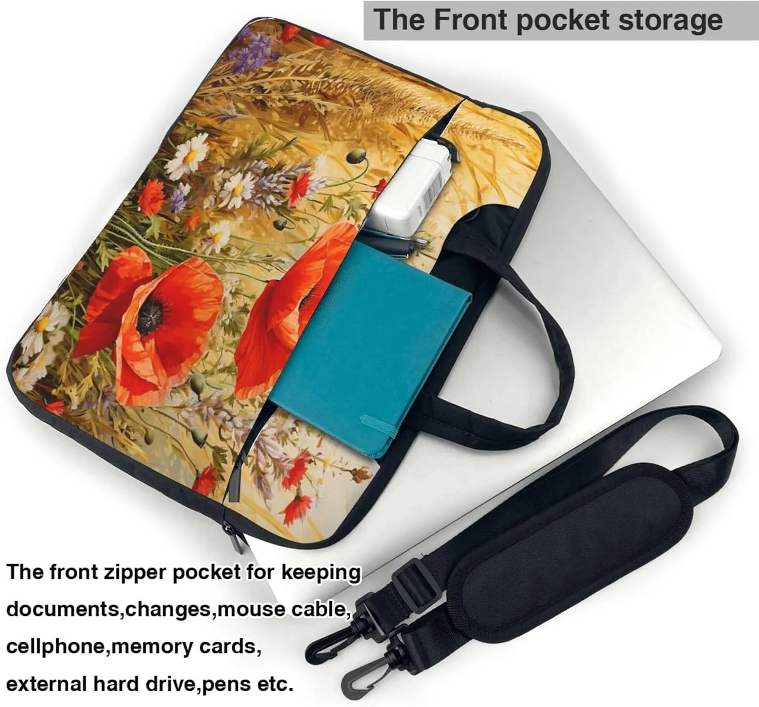 Retro Poppy Laptop Shoulder Bag for Women, Art Poppy Flower Laptop Sleeve Case Durable Computer Bag