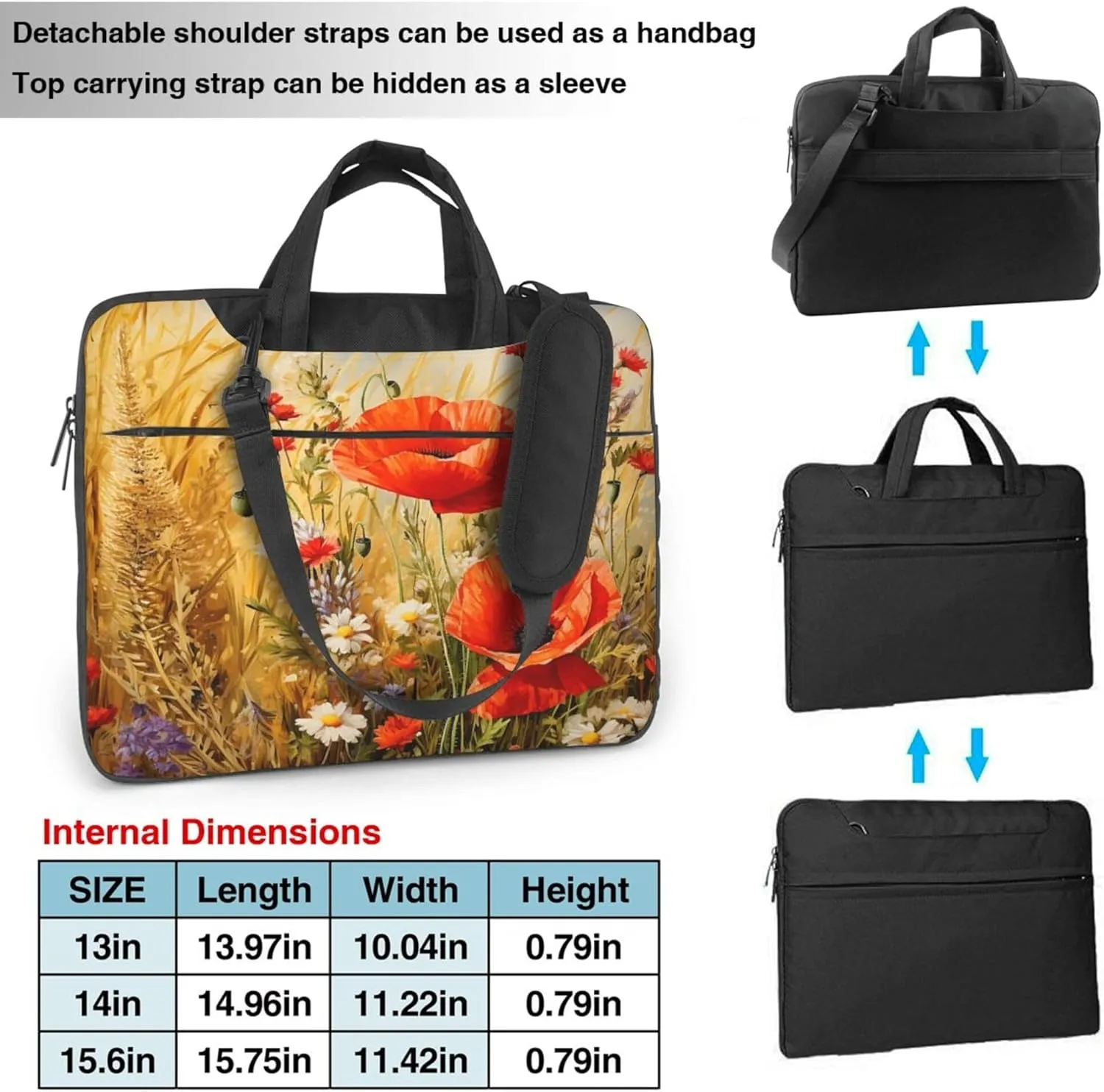 Retro Poppy Laptop Shoulder Bag for Women, Art Poppy Flower Laptop Sleeve Case Durable Computer Bag