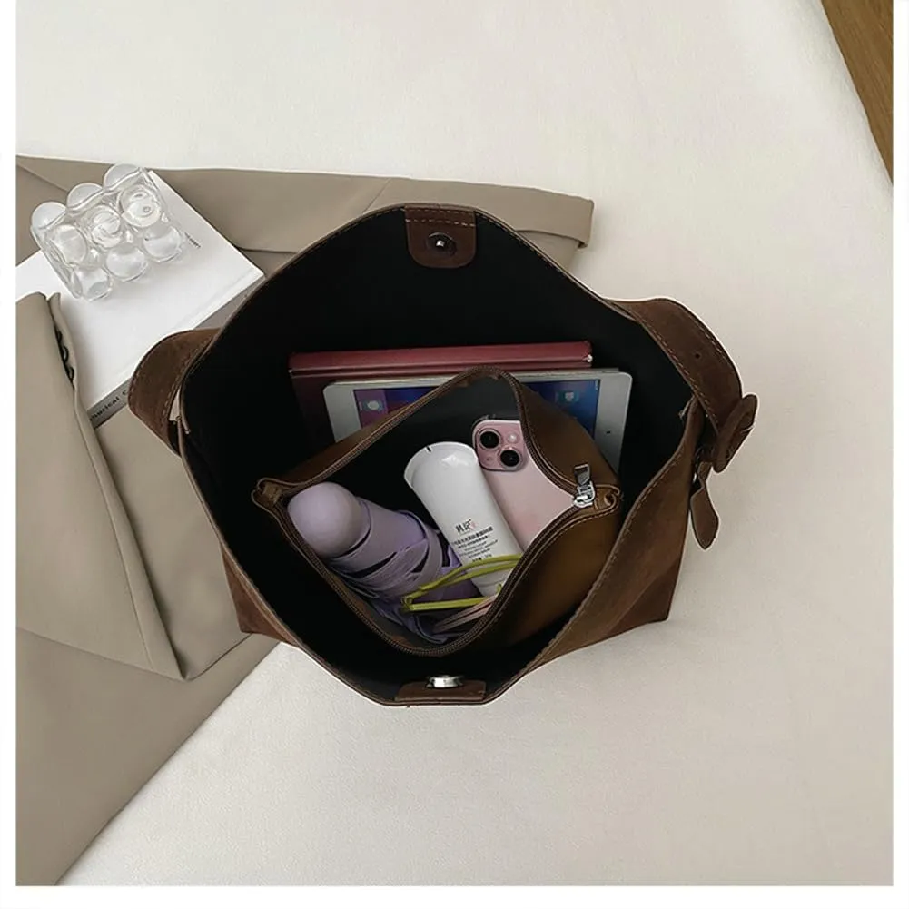 Retro Suede Tote Bag for Women 2Pcs Suede Hobo Shoulder Bag Crossbody Purse Satchel Large Capacity Work Tote Handbag