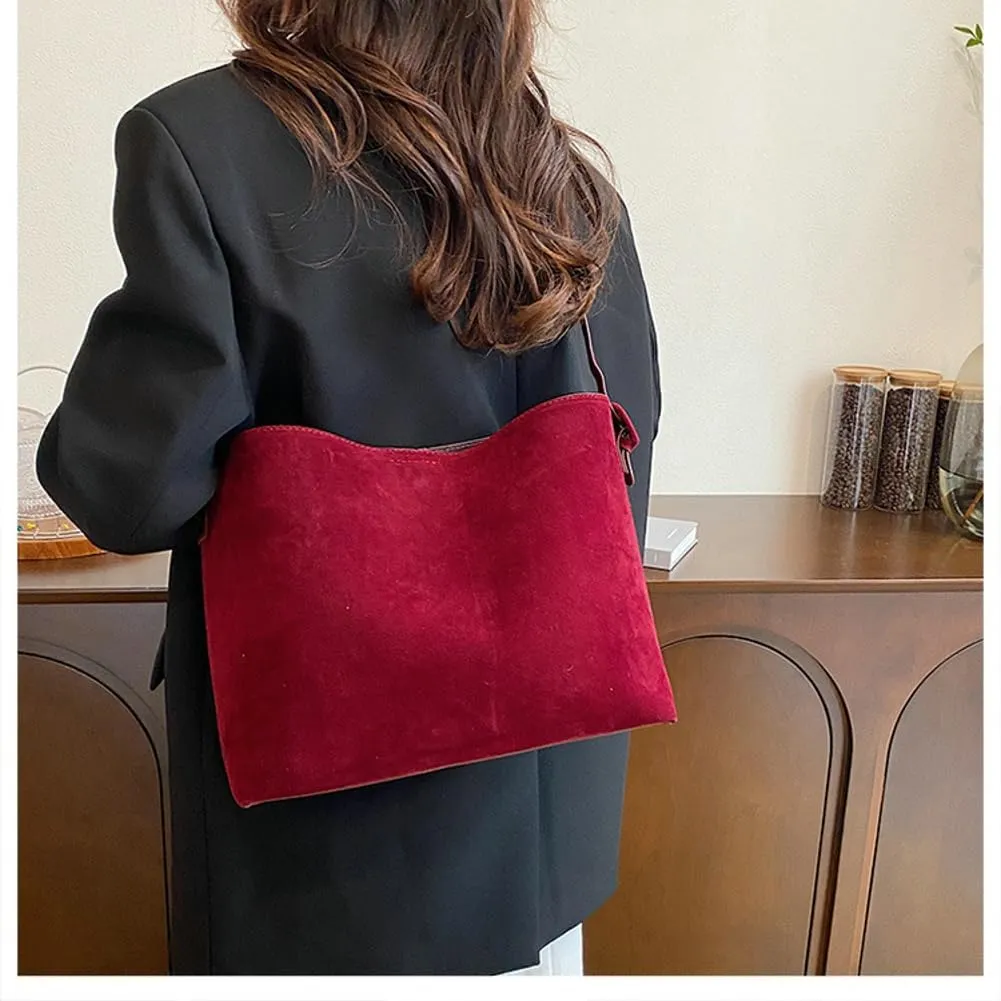 Retro Suede Tote Bag for Women 2Pcs Suede Hobo Shoulder Bag Crossbody Purse Satchel Large Capacity Work Tote Handbag