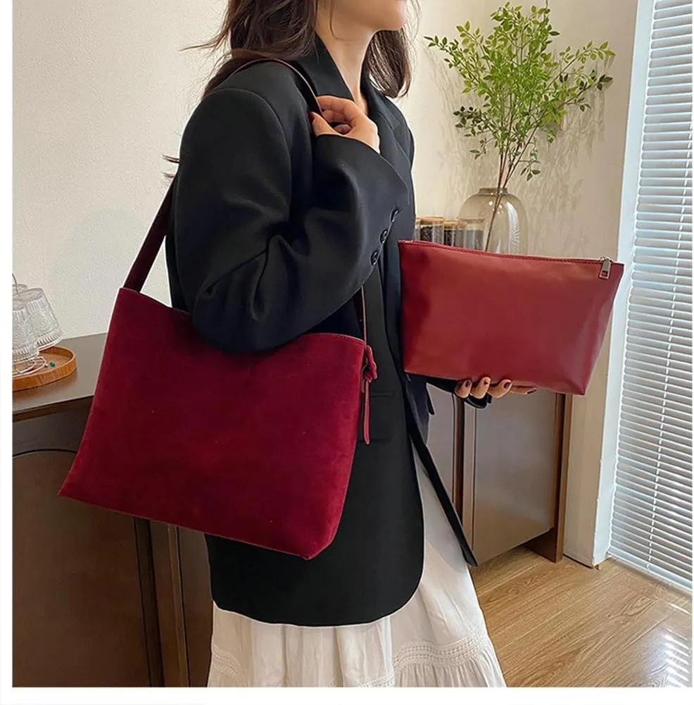 Retro Suede Tote Bag for Women 2Pcs Suede Hobo Shoulder Bag Crossbody Purse Satchel Large Capacity Work Tote Handbag