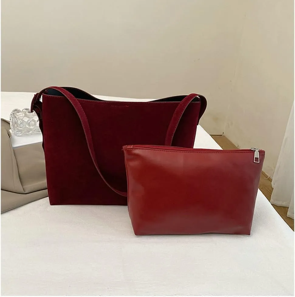 Retro Suede Tote Bag for Women 2Pcs Suede Hobo Shoulder Bag Crossbody Purse Satchel Large Capacity Work Tote Handbag