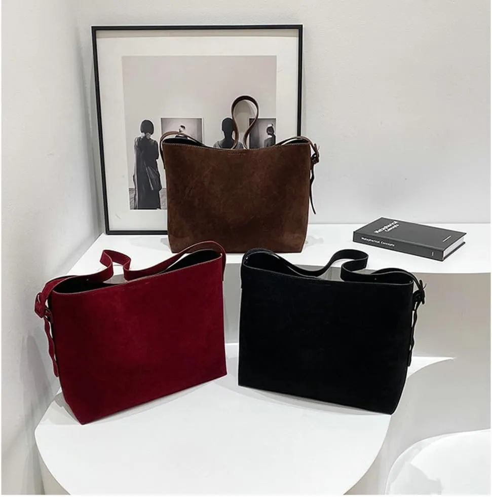 Retro Suede Tote Bag for Women 2Pcs Suede Hobo Shoulder Bag Crossbody Purse Satchel Large Capacity Work Tote Handbag