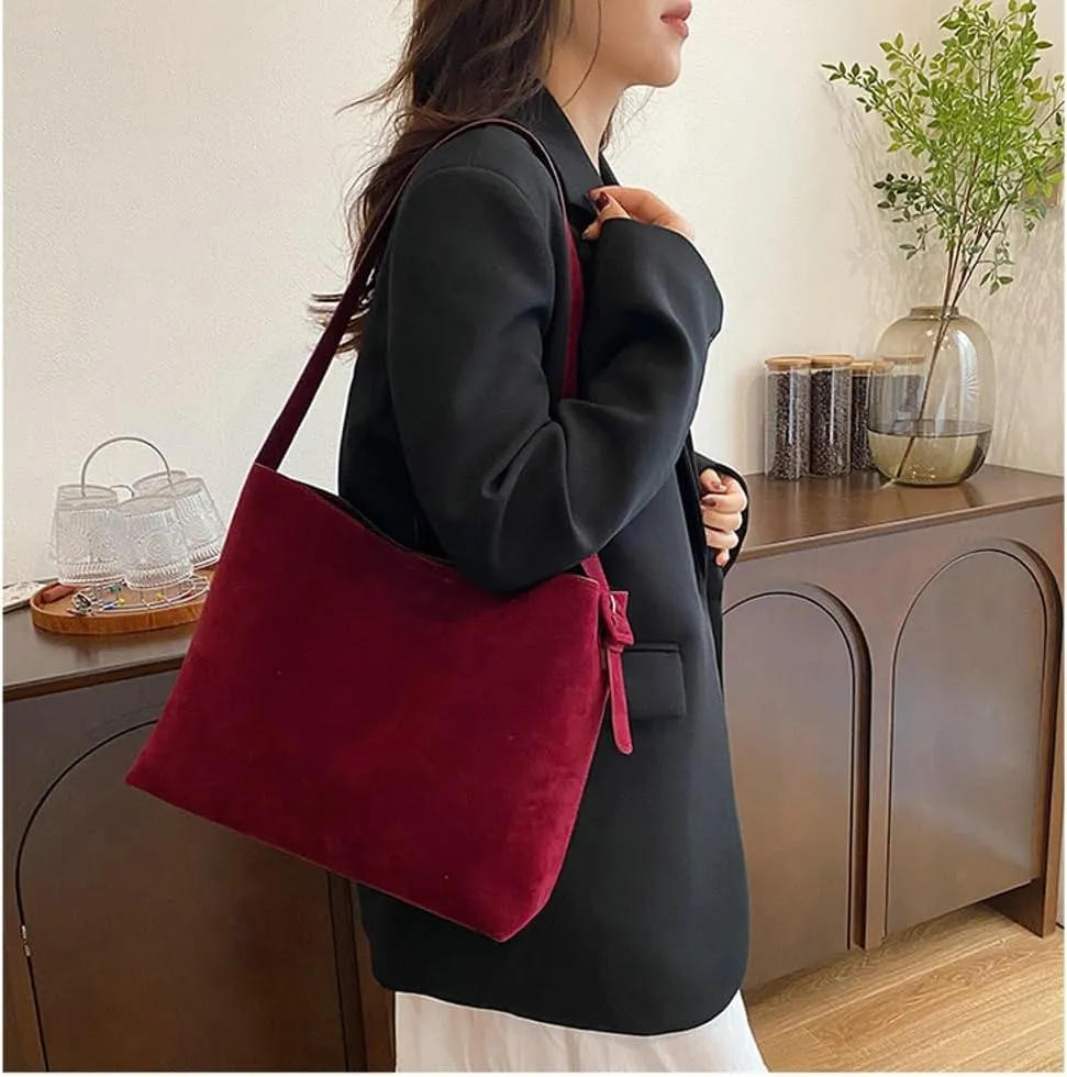 Retro Suede Tote Bag for Women 2Pcs Suede Hobo Shoulder Bag Crossbody Purse Satchel Large Capacity Work Tote Handbag