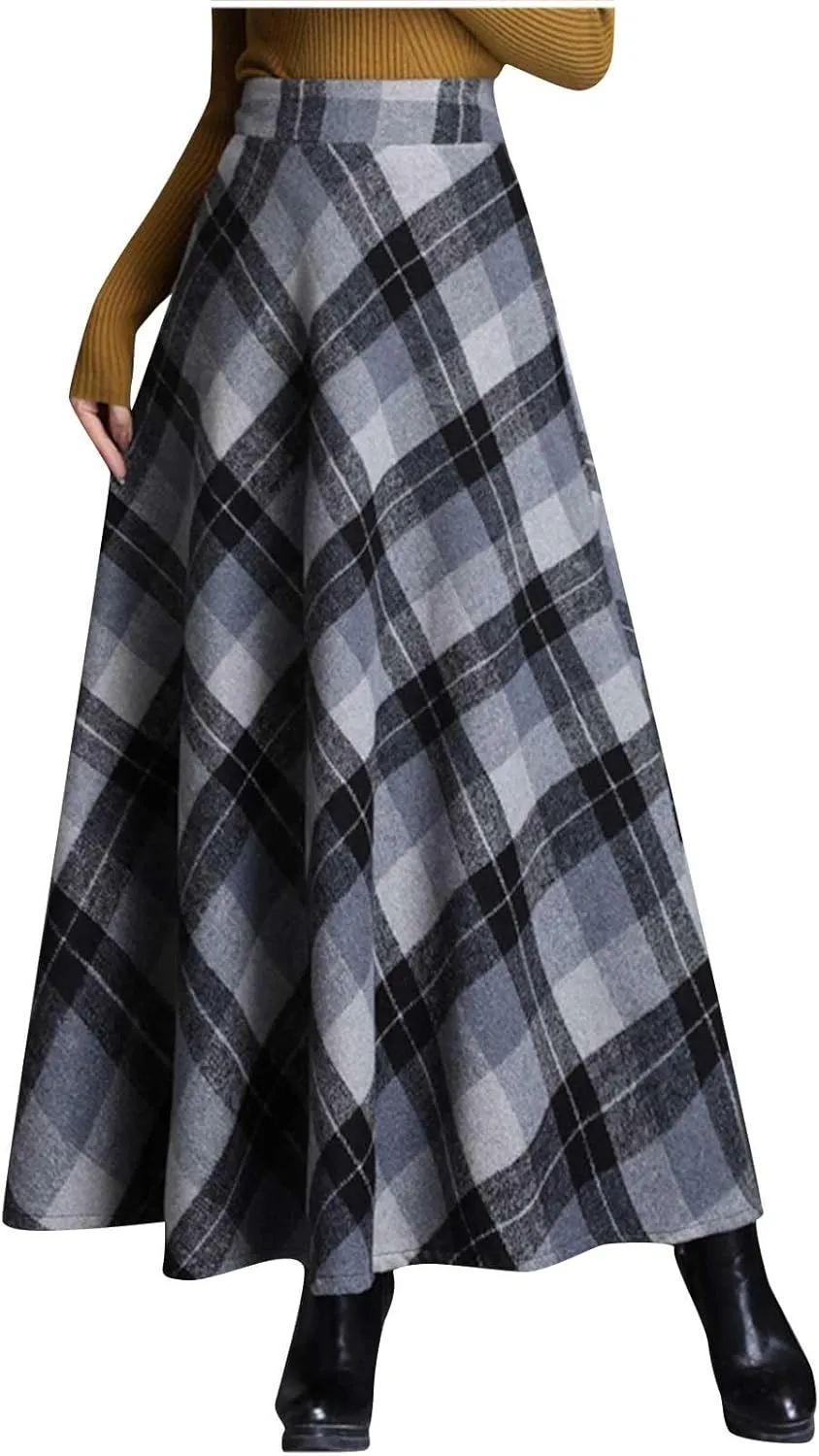 Retro Woolen Blend Plaid Skirt for Women Flowy High Waisted Long Skirts Comfy Pleated A-line Maxi Skirt